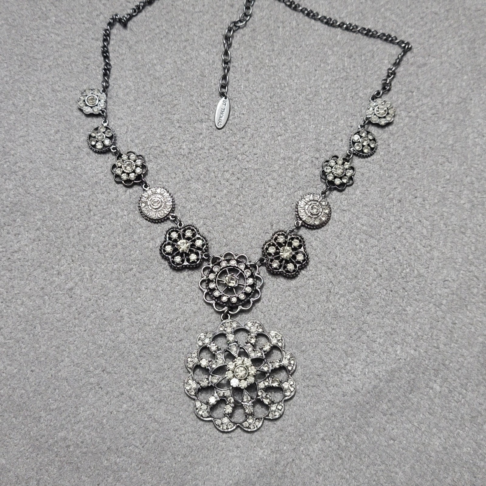 St Thomas Gunmetal Chain Rhinestone Flowers Bib Necklace